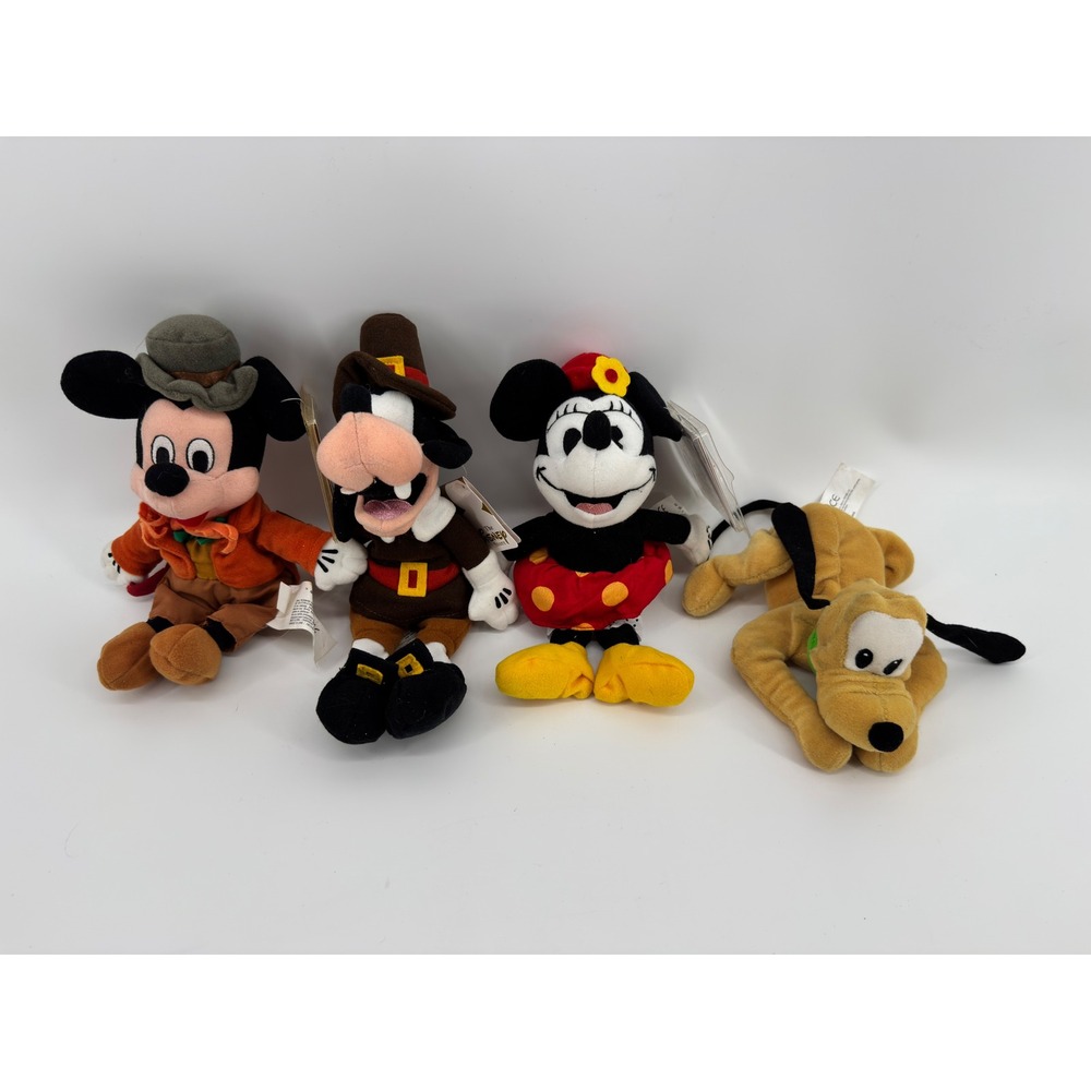 VTG Disney Bean Bag Plush Lot Mickey Bob Cratchit Pilgrim Goofy Minnie Pluto 4pc